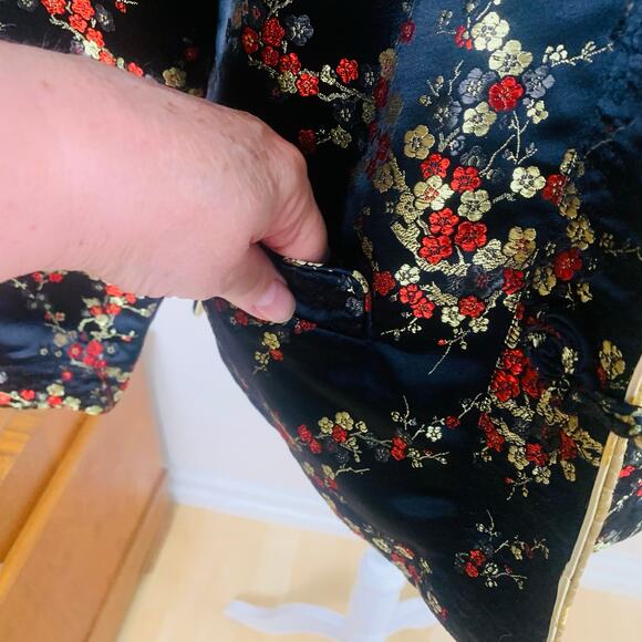 Vintage Chinese Sz L Style Gold Silky Reversible Jacket Floral Embroidered Retro - Picture 12 of 16